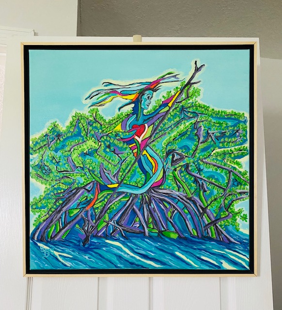 Mermaid in the Mangroves — a mermaid figure emerging from vibrant mangrove roots
